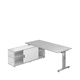 Schreibtisch ULM mit Sideboard, manuell höhenverstellbar, Rechteck, T-Fuß, B 1800 mm, lichtgrau