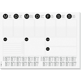 Schreibunterlage Sigel Weekly Planner, A3, 30 Blatt, Wochenplaner, mehrsprachiges 2-Jahres-Kalendarium für 2025-2026, FSC®-Mix Papier, schwarz-weiss