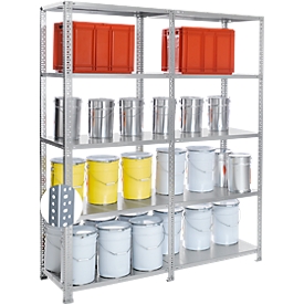 Schroefstelling Fix profiel 2, complete stelling 2 m, 1 basis- en 1 aanbouwsectie incl. 10 legborden, gegalvaniseerd, H 1920 x B 2000 x D 300 mm