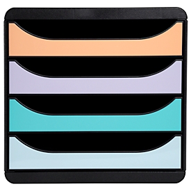 Schubladenbox Exacompta BIG BOX Aquarel, für Format A4+, 4 mehrfarbige & halboffene Schubladen mit Auszugstopp & Griffmulde, Polystyrol, schwarz