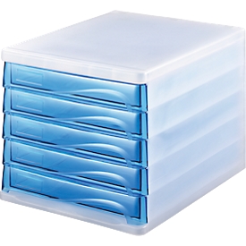 Schubladenbox helit, 5 Schübe, DIN A4, B 265 x H 250 x T 340 mm, Polypropylen, Gehäuse weiß-transluzent/Schublade blue