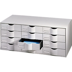 Schubladenbox Paperflow, A4, 12 Schübe, Teilauszug, geschlossene Fronten, Griffmulde & Etikettenhalter, Etiketten, B 813 x T 342 x H 329 mm, PS, grau