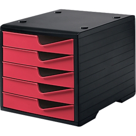 Schubladenbox styro® styroswing, 5 Schübe, Auszugsperre & Griffmulde, stapelbar, B 270 x T 340 x H 255 mm, Polystyrol, schwarz-cranberry