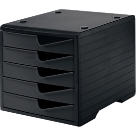 Schubladenbox styro® styroswing, 5 Schübe, Auszugsperre & Griffmulde, stapelbar, B 270 x T 340 x H 255 mm, Polystyrol, schwarz-schwarz