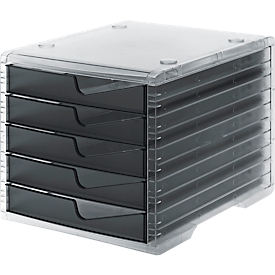 Schubladenbox styro® styroswing light, 5 Schübe, Auszugsperre & Griffmulde, stapelbar, B 270 x T 340 x H 255 mm, Polystyrol, transparent-anthrazit