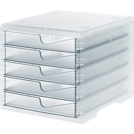 Schubladenbox styro® styroswing light, 5 Schübe, Auszugsperre & Griffmulde, stapelbar, B 270 x T 340 x H 255 mm, Polystyrol, transparent-transparent