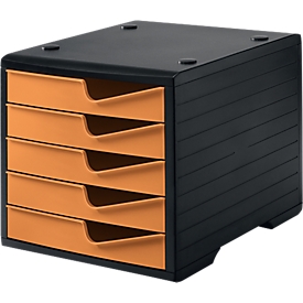 Schubladenbox styro® styroswingbox, 5 Schübe, Auszugsperre & Griffmulde, stapelbar, B 270 x T 340 x H 255 mm, Polystyrol, schwarz-apricot