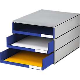 Schubladenbox styro® Styroval, Format C4, 3 offene Schübe, stapelbar, Beschriftungsmaterial, B 243 x T 335 x H 200 mm, Recycling-Kunststoff, grau-blau