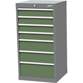 Schubladenschrank Bedrunka+Hirth, 7 Schübe, abschließbar, bis 1200 kg, inkl. 29-teiligem Schubeinteilungsset, B 530 x T 500 x H 1019 mm, Stahlblech