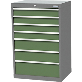 Schubladenschrank Bedrunka+Hirth, 7 Schübe, abschliessbar, bis 1200 kg, inkl. 48-teiligem Schubeinteilungsset, B 680 x T 500 x H 1019 mm, Stahlblech