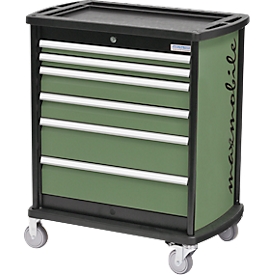 Schubladenschrank Bedrunka+Hirth maxmobile 1, mobil, 6 Schübe, 1 Seitenblende, abschließbar, bis 300 kg, resedagrün RAL 6011, Stahlblech