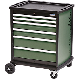 Schubladenschrank Bedrunka+Hirth maxmobile 2, mobil, 6 Schübe, 1 Seitenblende, abschließbar, bis 300 kg, resedagrün RAL 6011, Stahlblech