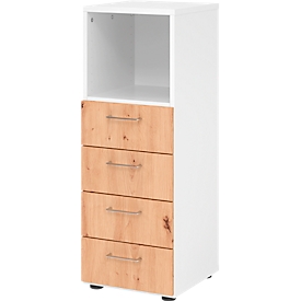 Schubladenschrank Breno, 4 Schübe, 1 Fach, Metallgriffe, B 400 x T 420 x H 1100 mm, weiss/Asteiche