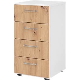 Schubladenschrank Breno, 4 Schübe, Metallgriffe, B 400 x T 420 x H 748 mm, weiss/Asteiche