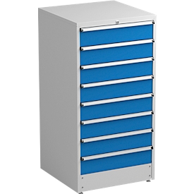 Schubladenschrank Treston, 9 Schubladen, abschliessbar, B 715 x T 715 x H 1400 mm, Stahl, lichtgrau RAL 7035/blau RAL 5007