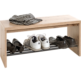 Schuhbank HAKU, für bis zu 3 Paar Schuhe, Gesamttragkraft 85 kg, B 800 x T 300 x H 400 mm, Stahl/Holz, schwarz/helles Eiche-Dekor