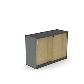 Schuifdeurenkast NEVADA - houten - B 1200 x D 445 x H 825 mm - 2 OH - donkergrijs en eiken decor