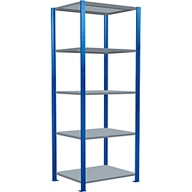Schulte Lagertechnik Fachbodenregal Stecksystem MultiPlus250, Grundregal, 5 Fachböden, Kreuzstrebe, B 750 x T 600 x H 2000 mm, Enzianblau RAL 5010