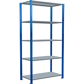 Schulte Lagertechnik MULTIplus250 rekkensysteem zonder bouten, basisrek, B 1000 x D 500 x H 2000 mm, 5 legborden, dwarsverbindingen, tot 1300 kg, gentiaanblauw