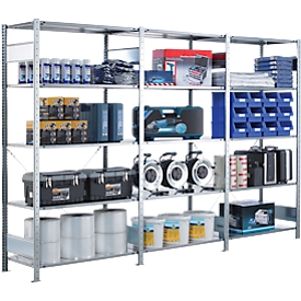 Schulte Lagertechnik Rayonnage à tablettes, 1 rayonnage de base + 2 rayonnages additionnels, y compris 15 tablettes, 5 niveaux de stockage, L 3072 x P 600 x H 2000 mm, acier, gris