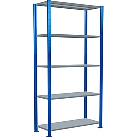 Schulte Lagertechnik Rayonnage à tablettes Système enfichable MultiPlus250, rayonnage de base, 5 tablettes, entretoise, L 1000 x P 400 x H 2000 mm, bleu gentiane RAL 5010