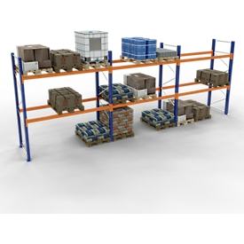 Schulte Rayonnage à palettes, rayonnage de base, L 8444 x P 1100 x H 3000 mm, 3 niveaux, poids par palette jusqu'à 800 kg, charge admissible par travée 5395 kg, bleu/orange