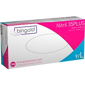 Schutzhandschuhe BINGOLD Nitril 35PLUS, Einweg, mikrotextuierte Fingerspitzen, puderfrei, Nitril, weiß, Größe L, 100 Stück