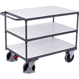 Schwerer ESD-Tischwagen, Stahl/Spanplatte, Graphitgrau/Lichtgrau, 3 Etagen, L 850 x B 500 mm, TPE-Rollen mit EasySTOP, bis 400 kg