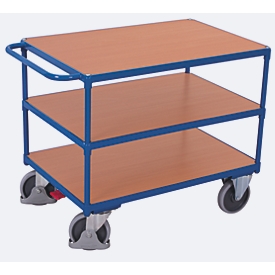 Schwerer Tischwagen, Stahl/MDF-Platte, Enzianblau/Buche-Dekor, 3 Etagen, L 850 x B 500 mm, TPE-Rollen mit EasySTOP, bis 400 kg