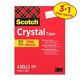 Scotch-plakband Crystal, glanzend, transparant, B 19 mm x L 33 m, 3 rollen + 1 GRATIS