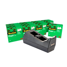 Scotch™ Schreibtisch-Klebebandabroller C38 , Schwarz + Scotch® Magic™ Unsichtbares Klebeband, 19 mm x 33 m, inkl. 12 Rollen