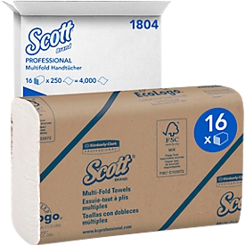 SCOTT® Multifold hand towels 1804, 1-ply, tear-resistant, 16 packs á 250 towels, white