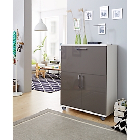 Sekretär, ideal für das Home Office, ausklappbare Schreibfläche, 2 Fächer hinter Flügeltüren, Lenkrollen, Holz, B 900 x T 450 x H 1200 mm, weiss/grau