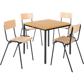 Set avantageux : 4 chaises en bois et 1 table 800 x 800 mm, hêtre, piétement noir (table et chaises)