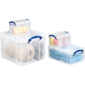 Set avantageux de 4 boîtes de rangement en plastique avec couvercle Really Useful Box, transparent : 1x 35 litres, 1x 9 litres, 2x 3 litres  