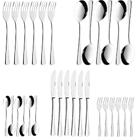 Set de 30 couverts 6 pers, 6 couteaux, 6 fourchettes, 6 cuillères, 6 cuillères à café, 6 fourchettes à gâteau - acier inoxydable 18/10 poli