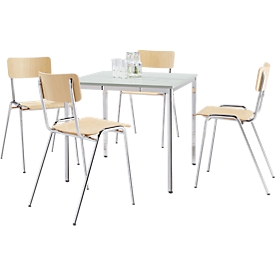 Set de 4 chaises en bois avec pieds chromés  et 1 table 800 x 800 mm, gris clair 