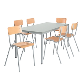 Set de 6 chaises en bois avec pieds chromés et 1 table 1600 x 800 mm, gris clair 