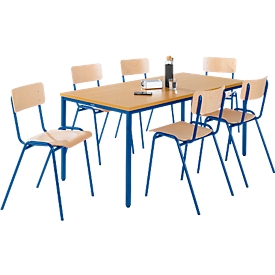 Set de 6 chaises en bois et 1 table 1600 x 800 mm, hêtre, piétement des chaises et de la table en bleu 