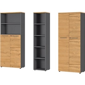 Set de meubles de bureau Agenda Home en 3 parties, 2 armoires de classement, L 800 mm et 1 étagère de classement, L 450 mm, chacune P 400 x H 1970 mm, graphite/chêne Grandsson