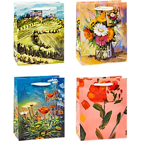 Set de sacs cadeaux TSI Fine Arts, 12 pièces, 4 motifs différents, A5, cordon de transport, cartes d'inscription, L 180 x P 100 x H 230 mm, film PP, multicolore