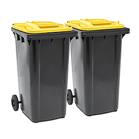 Set of 2 SSI Schäfer mobile waste garbage can GMT eXtra, 240 l, with pull handle, EN 840, black-yellow