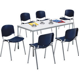 Set van 6 ELYEKO stoelen, polypropyleen, blauw en 1 tafel 1600 x 800 mm, lichtgrijs