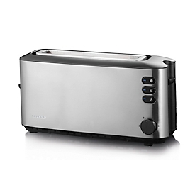 SEVERIN Langschlitz-Toaster AT 2515, 1.000 W, Brotscheibenzentrierung, Brötchen‑Röstaufsatz, Auftauen/Aufwärmen, Krümelschublade, B 380 x H 184 x T 125 mm, Silber