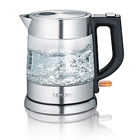 SEVERIN Wasserkocher WK 3468, 1,0 Liter, 2.200 Watt, Glas‑Edelstahl‑Kombination, Anti‑Kalk‑Sieb, Dampfstopp‑Automatik, Edelstahlabdeckung Heizelement, edelstahl (gebürstet)/schwarz