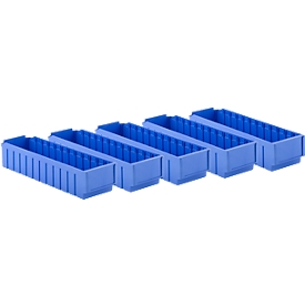 Shelf box SSI Schäfer RK 621, 12 compartments, label holder, L 590 x W 162 x H 115 mm, polystyrene, blue, 5 pieces