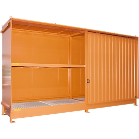 Shelf container Bauer type CEN 59-2 IBC, 2 shelf levels, sliding door, 2000 l, W 6255 x D 1550 x H 3450 mm, yellow-orange RAL 2000