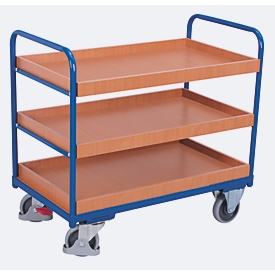 Shelf trolley, steel/MDF board, gentian blue/beech decor, 3 shelves, 815 x 455 mm, EasySTOP, up to 250 kg