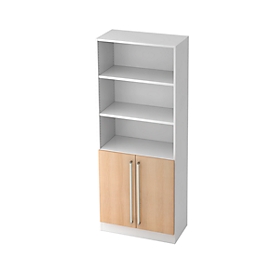 Shelf unit TARVIS, 5 filing heights, 5 shelves, 2 doors, with handle without lock, W 800 x D 420 x H 2004 mm, white/oak finish
