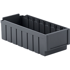 Shelving bin RK 421, polypropylene, L 408 x W 162 x H 115 mm, 8 compartments, for 400 mm deep shelves, steel grey, recycled plastic, set of 16 pieces